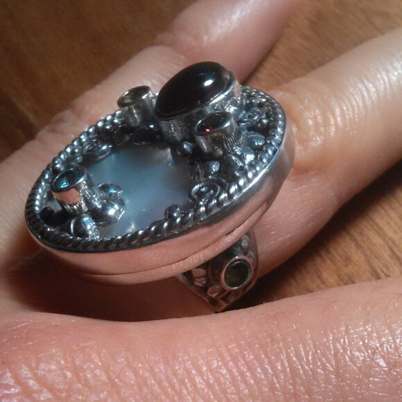 Shungite Multi Gemstone Mother of Pearl Sterling Silver Cocktail Ring (Size 7) - Picture 4 of 16